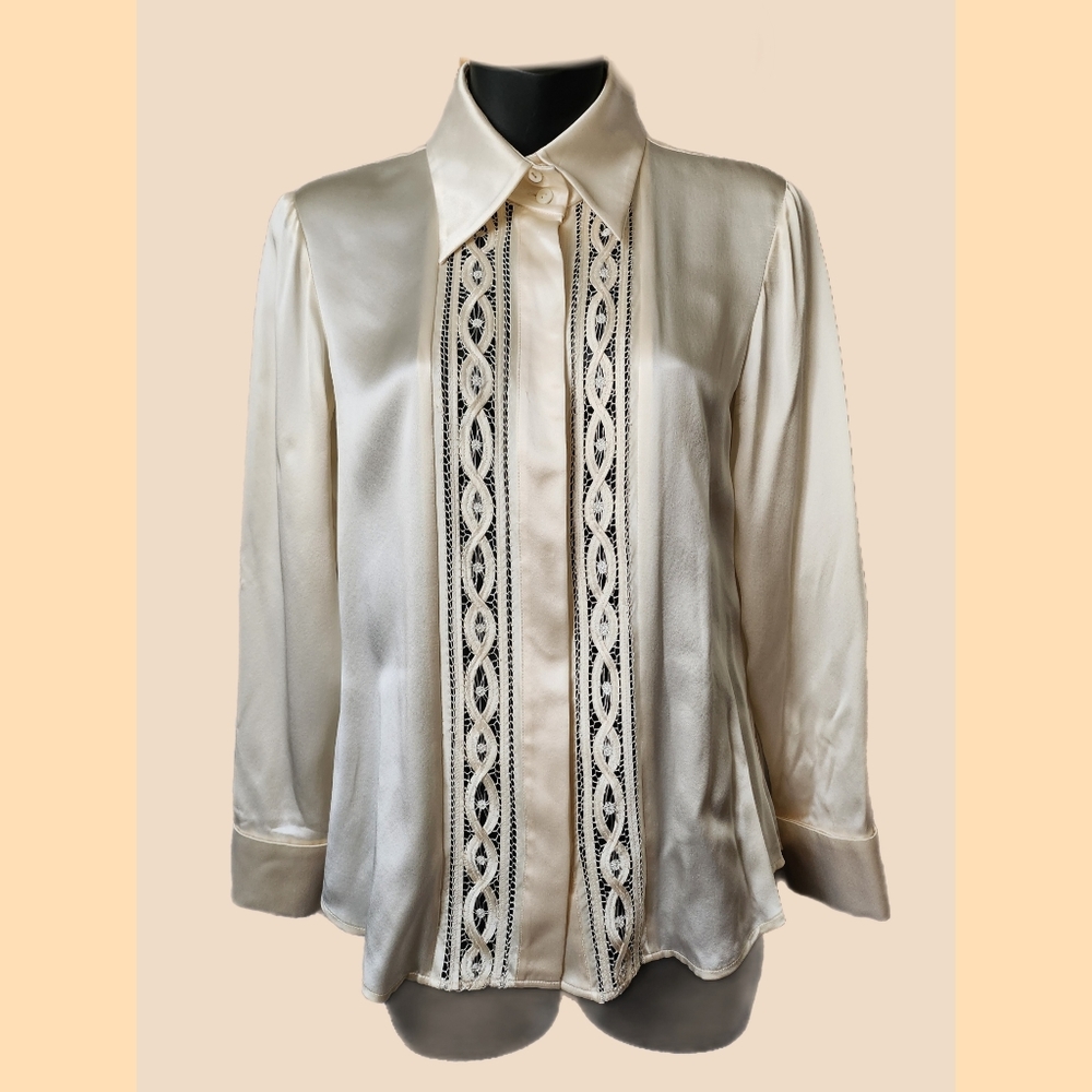 VINTAGE LINDA ALLARD ELLEN TRACY CREAM 100% SILK BLOUSE SIZE 2 - Picture 2 of 5